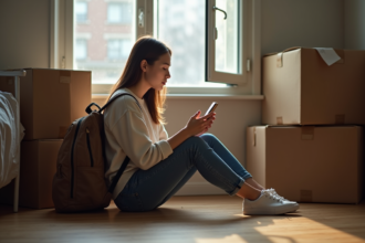 Jeune femme assise avec sac à dos dans un appartement