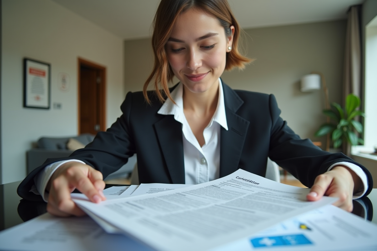 Femme organisée manipulant des papiers dans un salon moderne