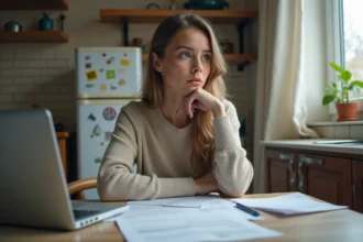 Jeune femme examine des documents de location à la maison