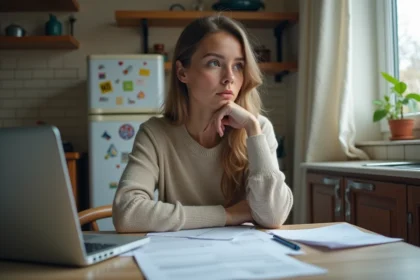 Jeune femme examine des documents de location à la maison