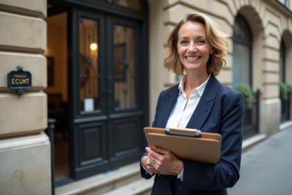 Femme d'âge moyen devant une façade parisienne élégante