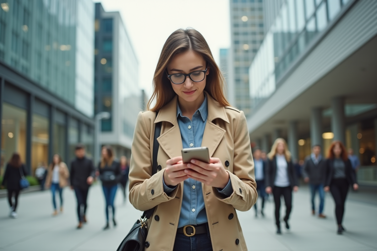 Jeune femme en trench dans une place urbaine animée