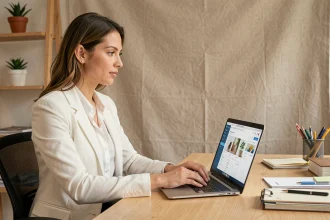 Femme professionnelle utilisant un tableau de bord e-commerce sur ordinateur portable pour booster ses ventes avec Liloo BSK
