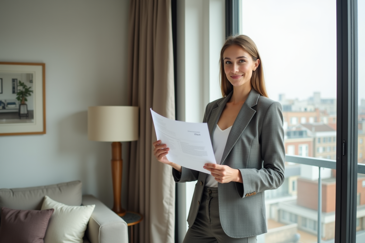 Femme tenant un rapport immobilier dans un salon lumineux