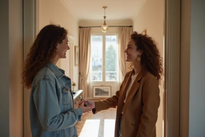 Femme souriante remettant des clés à un couple à Lyon