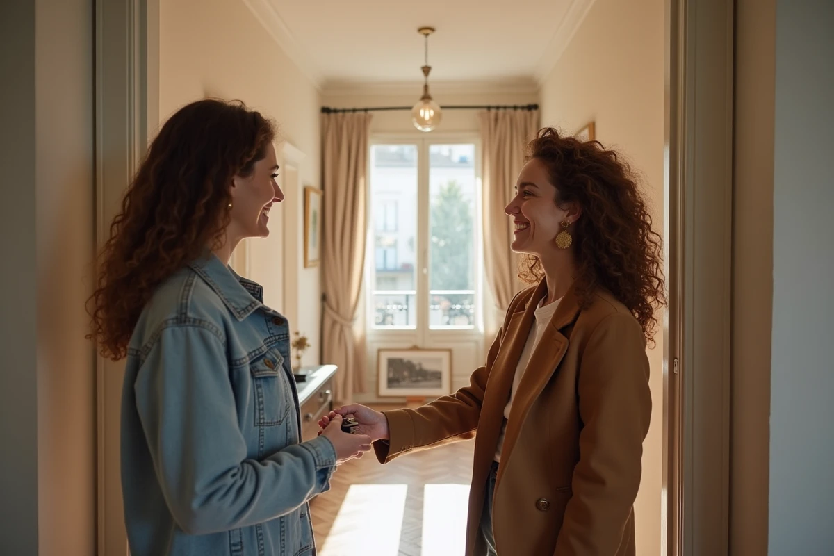 Femme souriante remettant des clés à un couple à Lyon