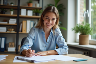 Femme souriante remplissant des formulaires de location dans un bureau lumineux