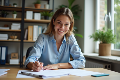 Femme souriante remplissant des formulaires de location dans un bureau lumineux