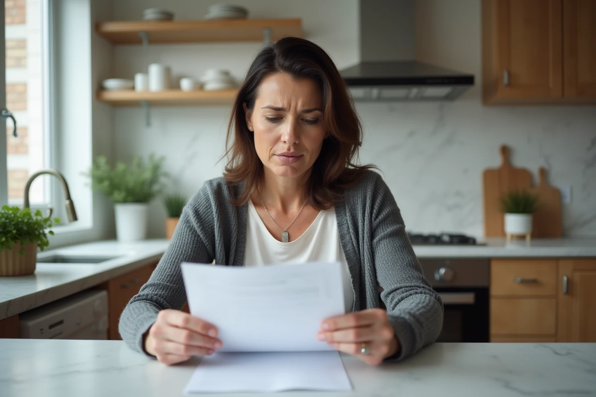 Femme d age moyen examine des papiers dans une cuisine lumineuse