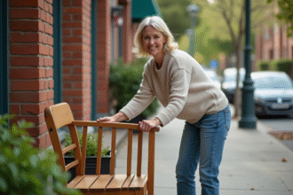 Femme souriante posant une chaise en bois dans la rue urbaine
