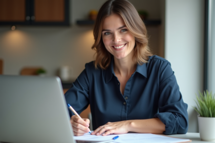 Femme souriante regardant des documents immobiliers à la maison