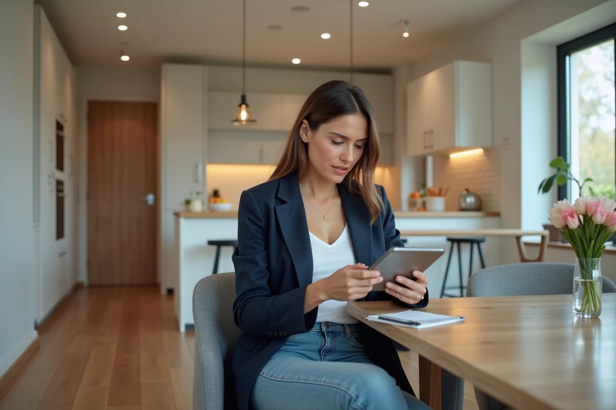 Femme utilisant une tablette pour une visite virtuelle de maison