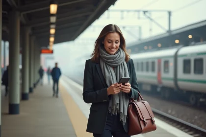 Femme dans un train à Le Havre vérifiant son téléphone
