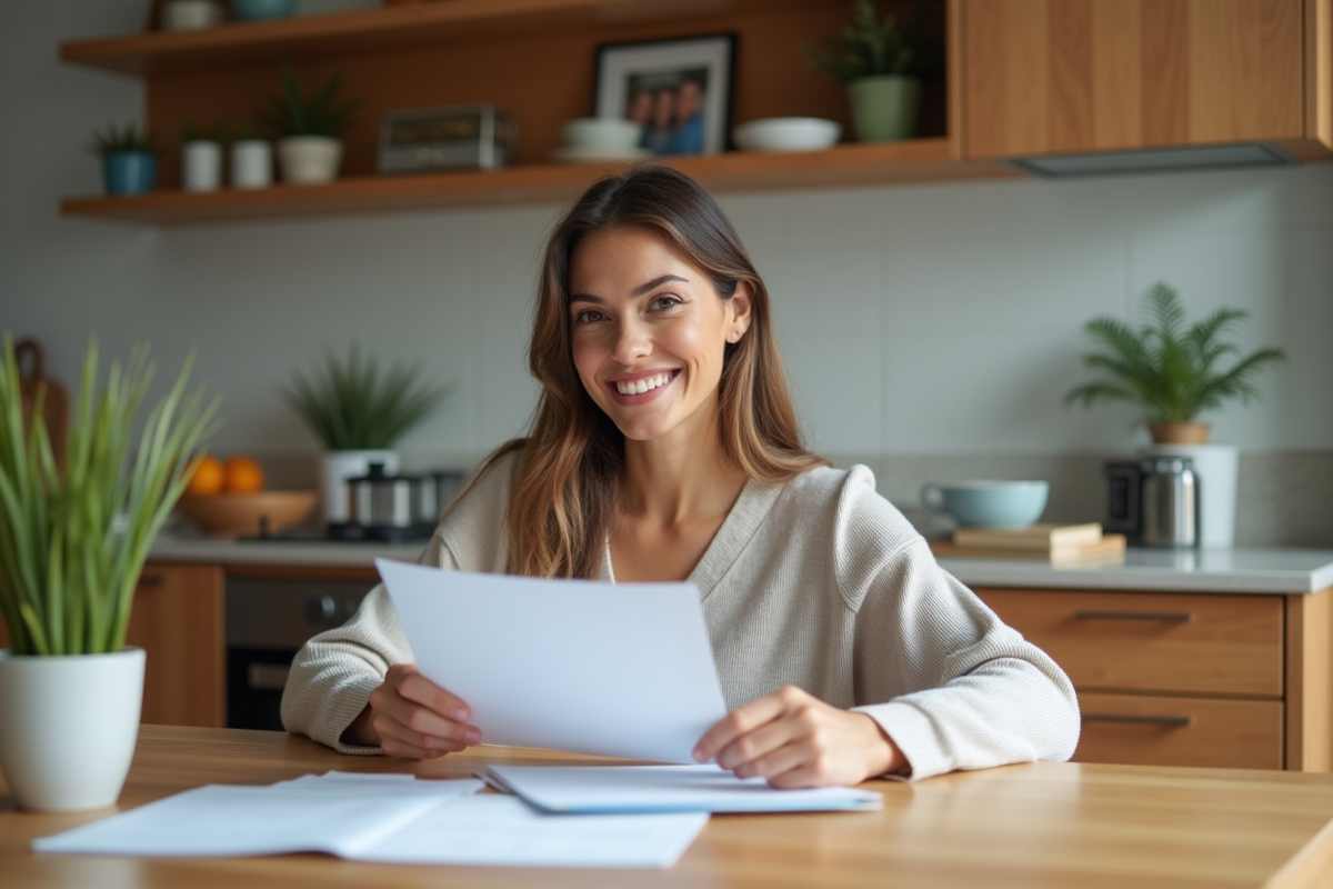 Femme souriante travaillant à la cuisine moderne