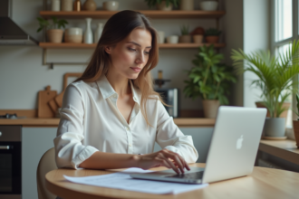 Jeune femme professionnelle travaillant sur un ordinateur dans un appartement lumineux