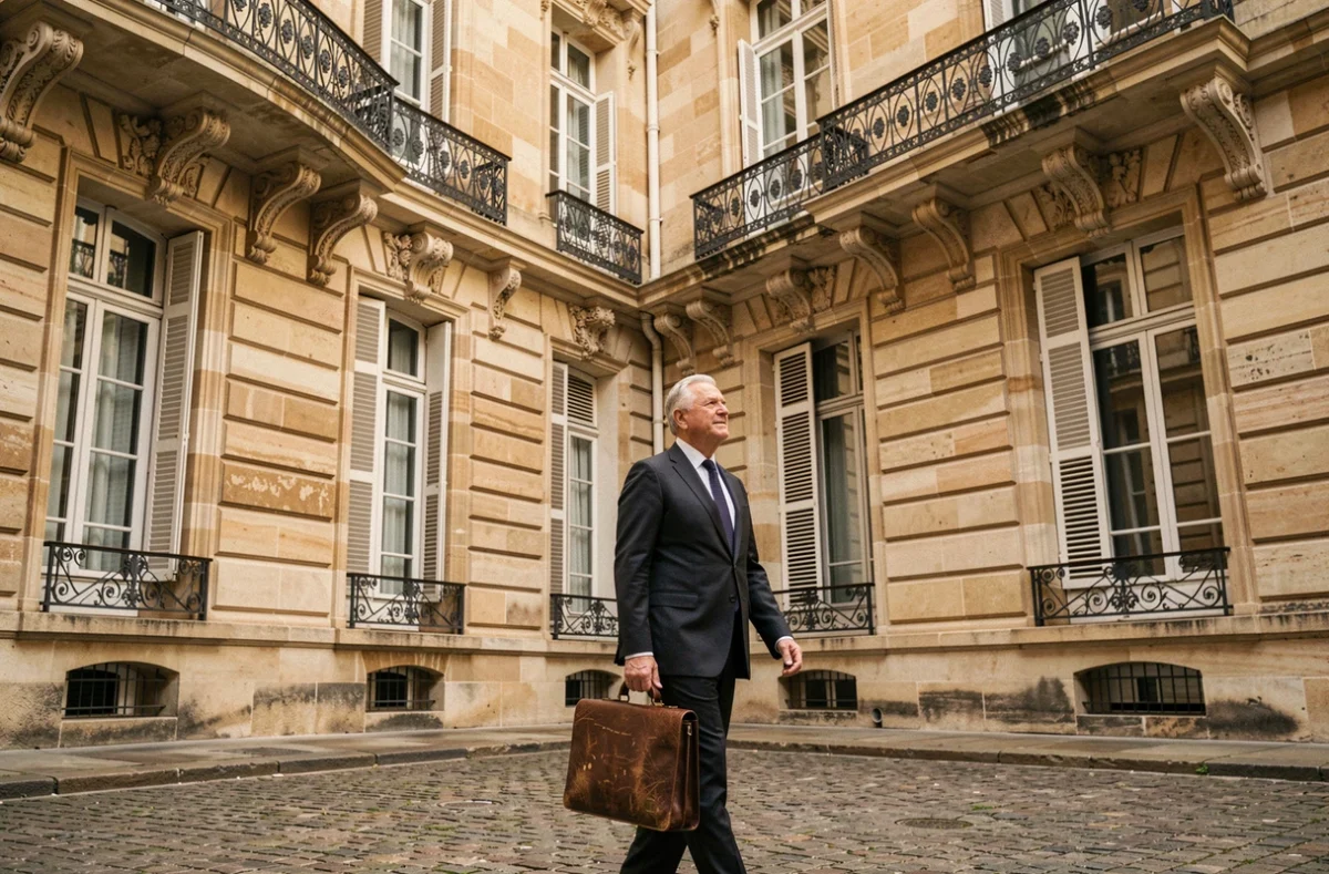 Gestionnaire expérimenté de Foncia Bordeaux traversant la cour d'un immeuble haussmannien avec façade en pierre historique