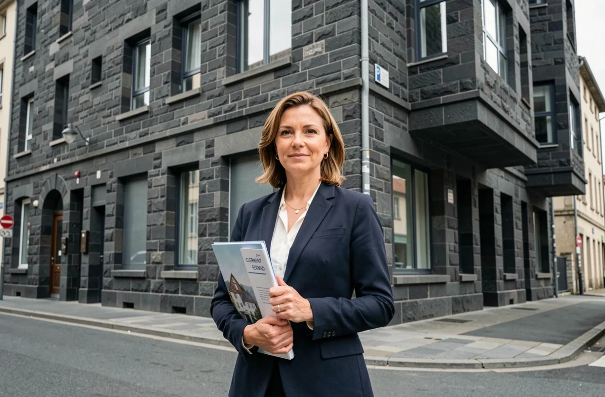 Gestionnaire de Foncia Clermont-Ferrand devant un immeuble résidentiel en basalte volcanique caractéristique de la ville
