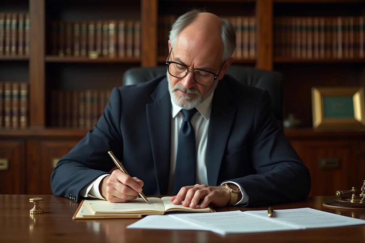 Notaire examinant des documents immobiliers dans son étude, illustrant les frais de notaire pour un marchand de biens ou un particulier