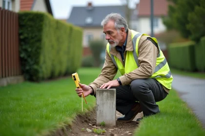 Géomètre expert mesurant une borne de terrain à la limite d'une propriété résidentielle en France