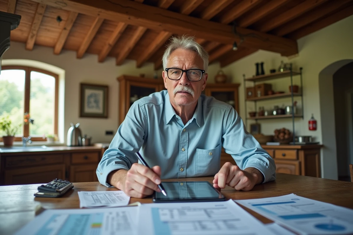 Gérant de gîte rural consultant un tableau de bord de réservation sur tablette dans une cuisine en pierre