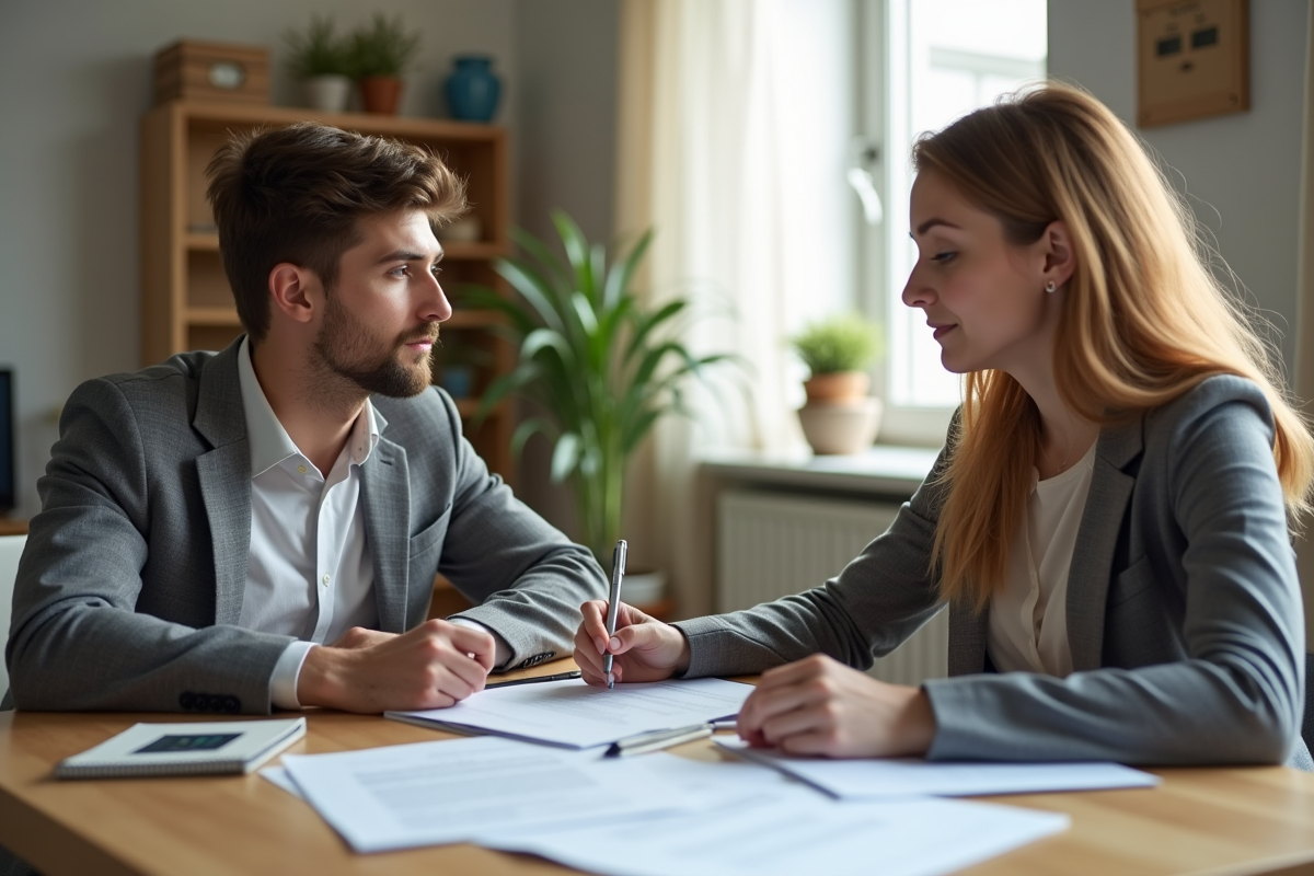 Gestionnaire immobilier et locataire discutant documents