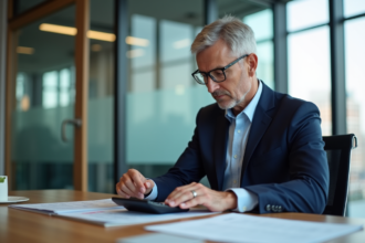 Homme d'affaires en costume bleu examinant des documents