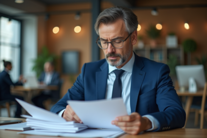 Homme d'affaires en costume bleu examine des documents importants