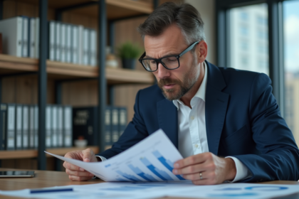 Homme d'affaires en costume analysant des rapports immobiliers