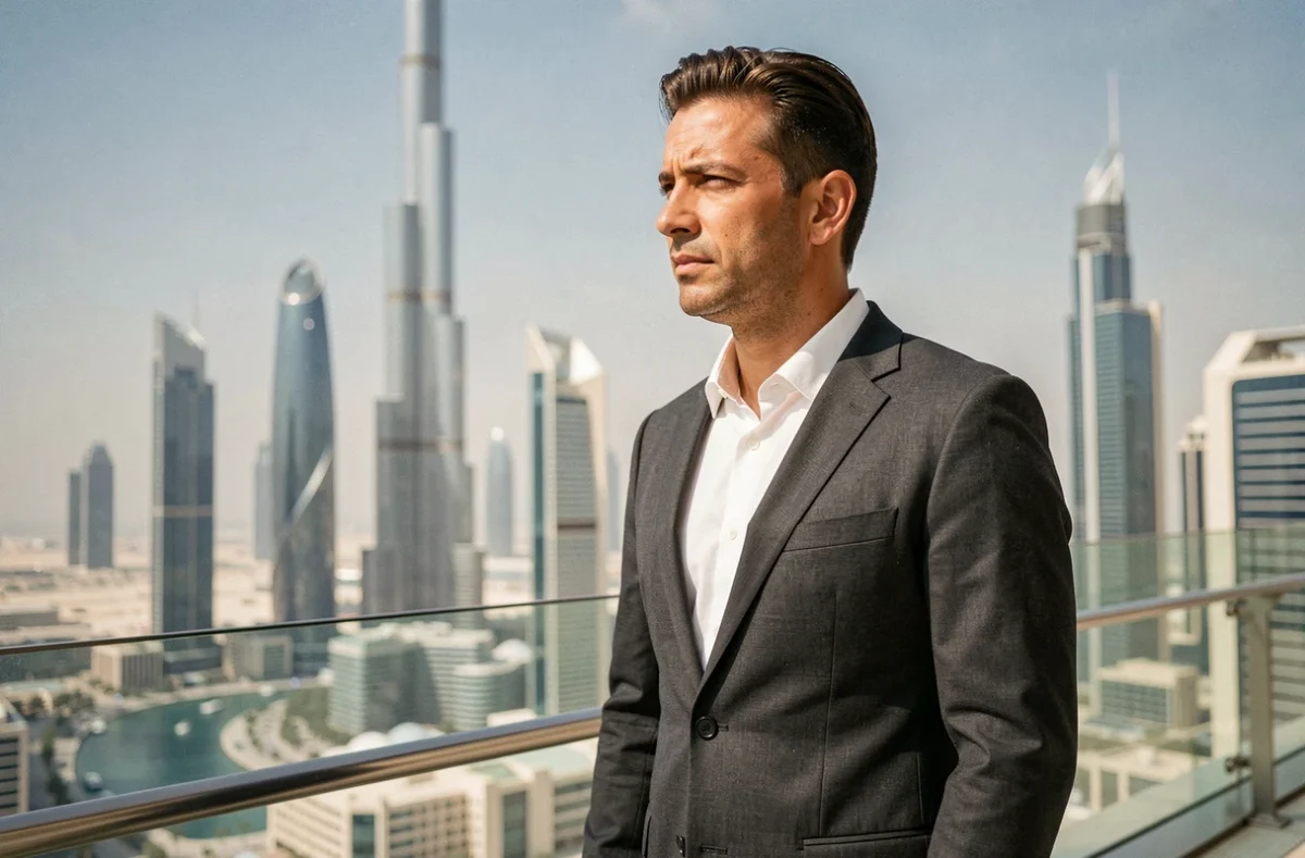 Homme d'affaires en costume sur une terrasse panoramique avec vue sur la skyline de Dubaï et l'Almas Tower en arrière-plan