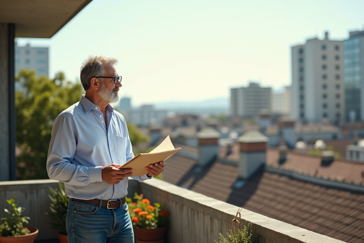 Homme regardant la ville depuis un balcon avec des documents immobiliers