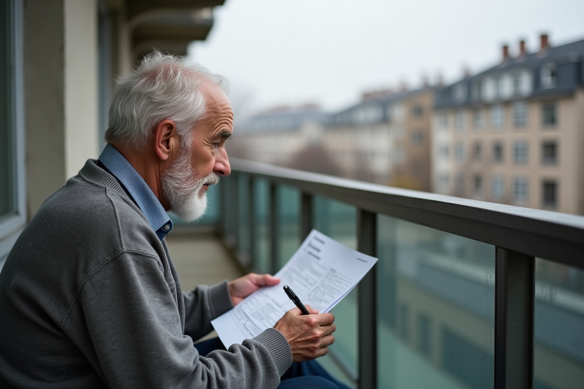 Homme âgé remplissant des formulaires de taxe sur un balcon urbain