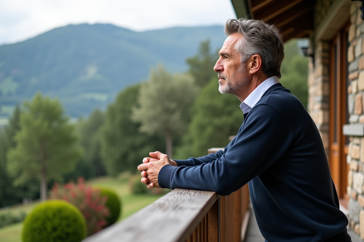 Homme d'âge moyen regardant la campagne depuis un balcon