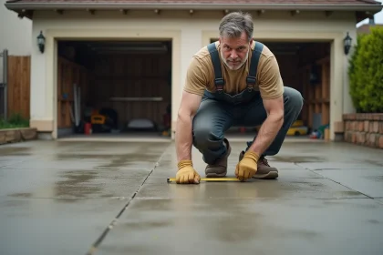 Homme en tenue de travail examine une dalle de béton fraîche