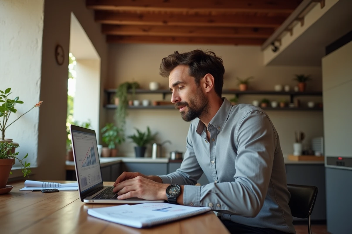Homme calculant la rentabilité d'un investissement immobilier locatif à Lyon sur ordinateur portable