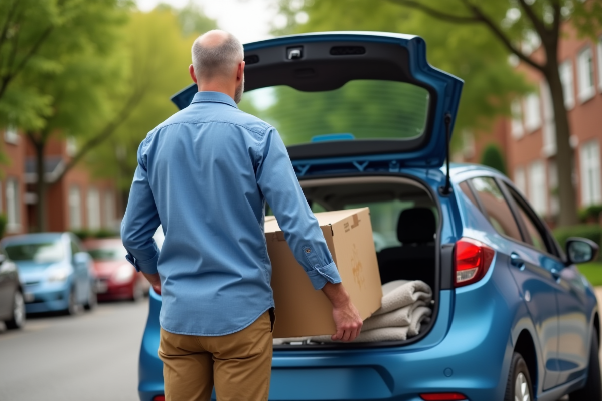 Homme chargeant des cartons dans une voiture