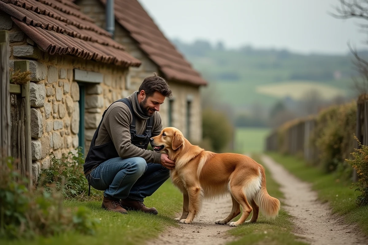 Homme en tenue de travail caressant un chien dans un village normand