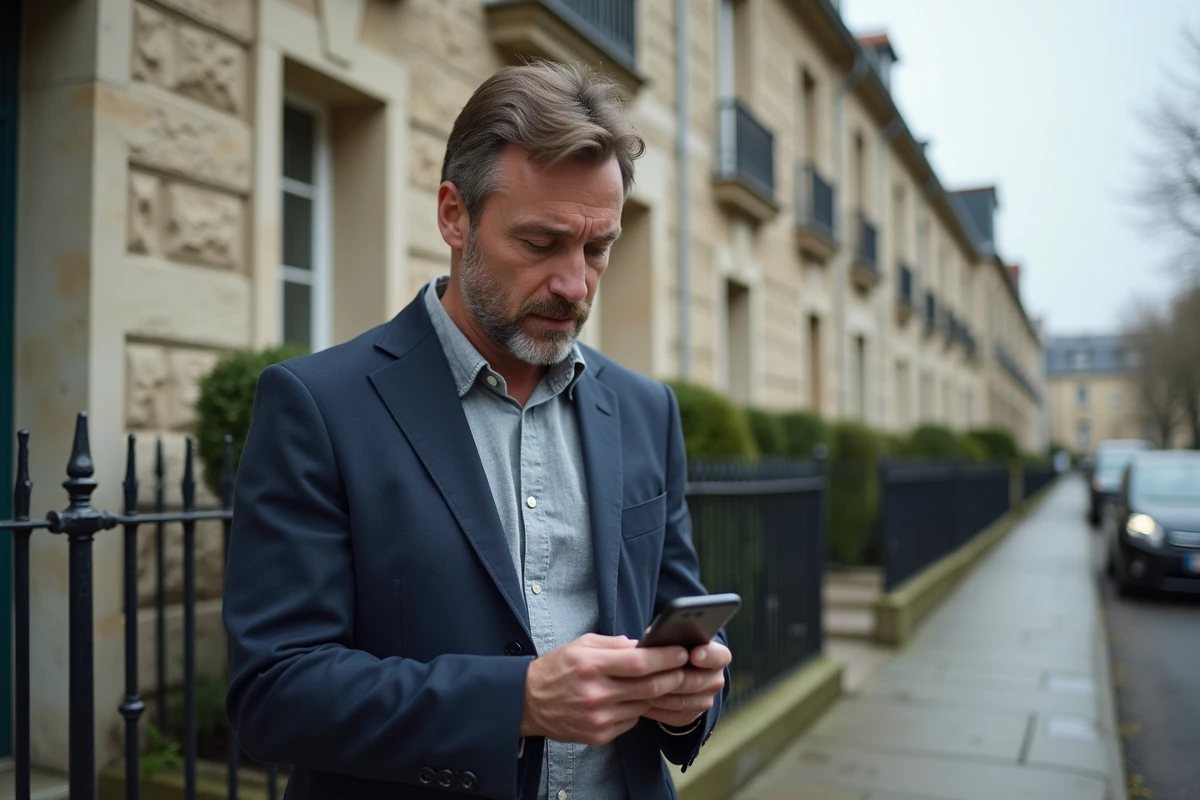 Homme consultant un site d'évaluation foncière sur smartphone devant un immeuble résidentiel en pierre en France
