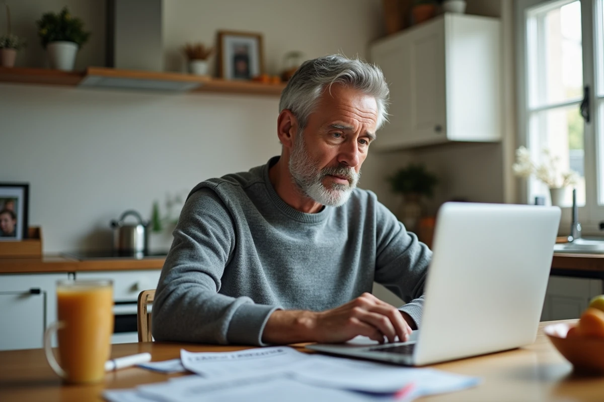 Homme concentré avec ordinateur et papiers dans la cuisine