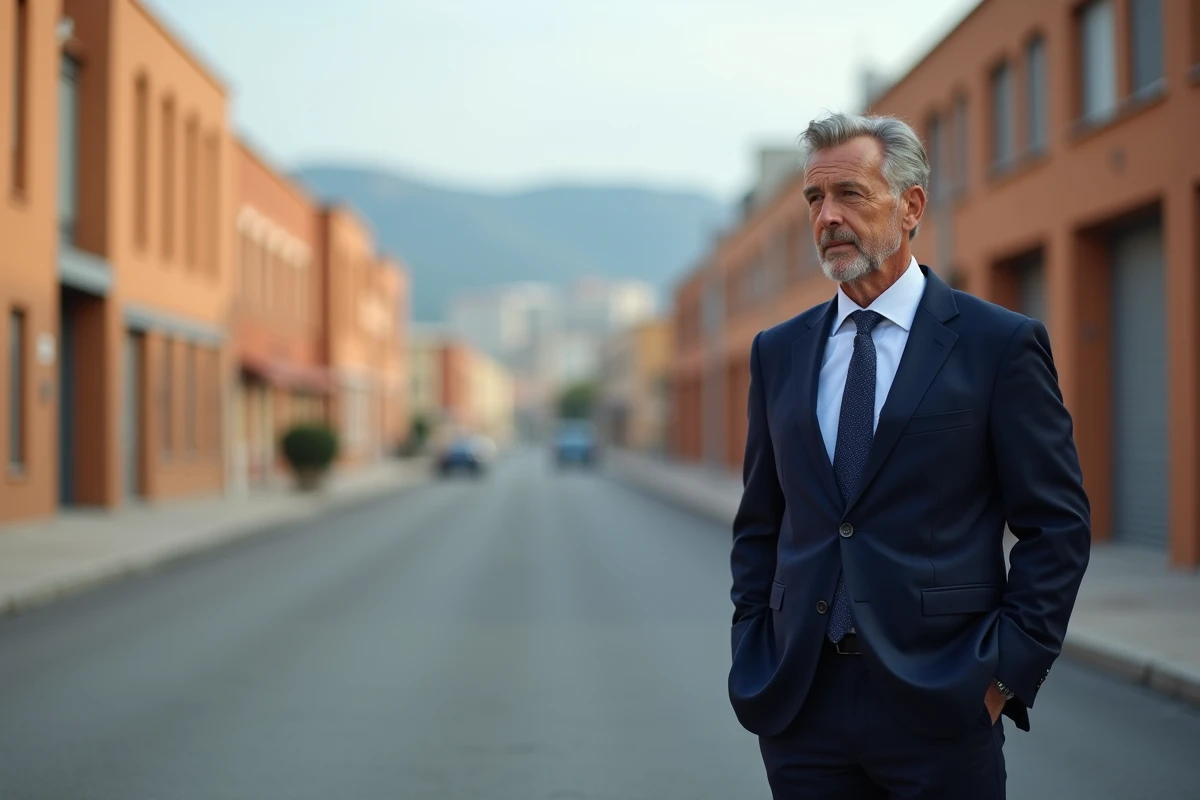 Homme en costume bleu sur l'avenue de l’Industrie à Perpignan