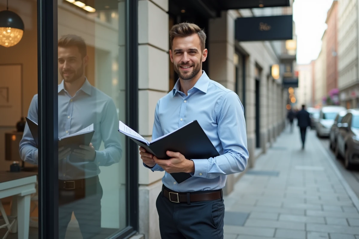 Jeune homme souriant devant une agence immobiliere en ville