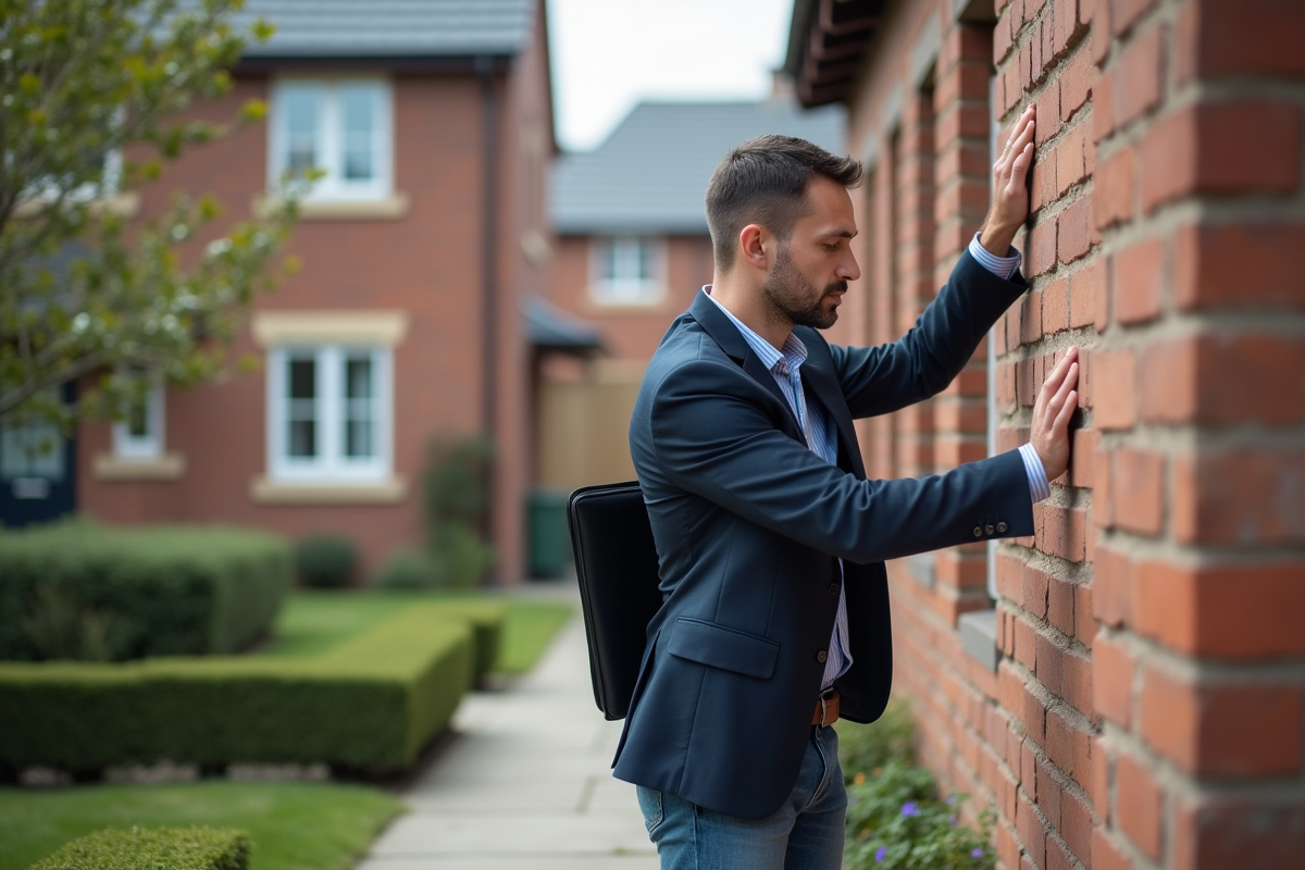 Jeune homme examinant un mur extérieur de maison avec brique