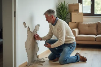 Homme d'âge moyen examine une fissure dans un mur intérieur