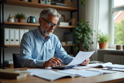 Homme d'âge moyen vérifiant ses papiers dans un bureau à domicile