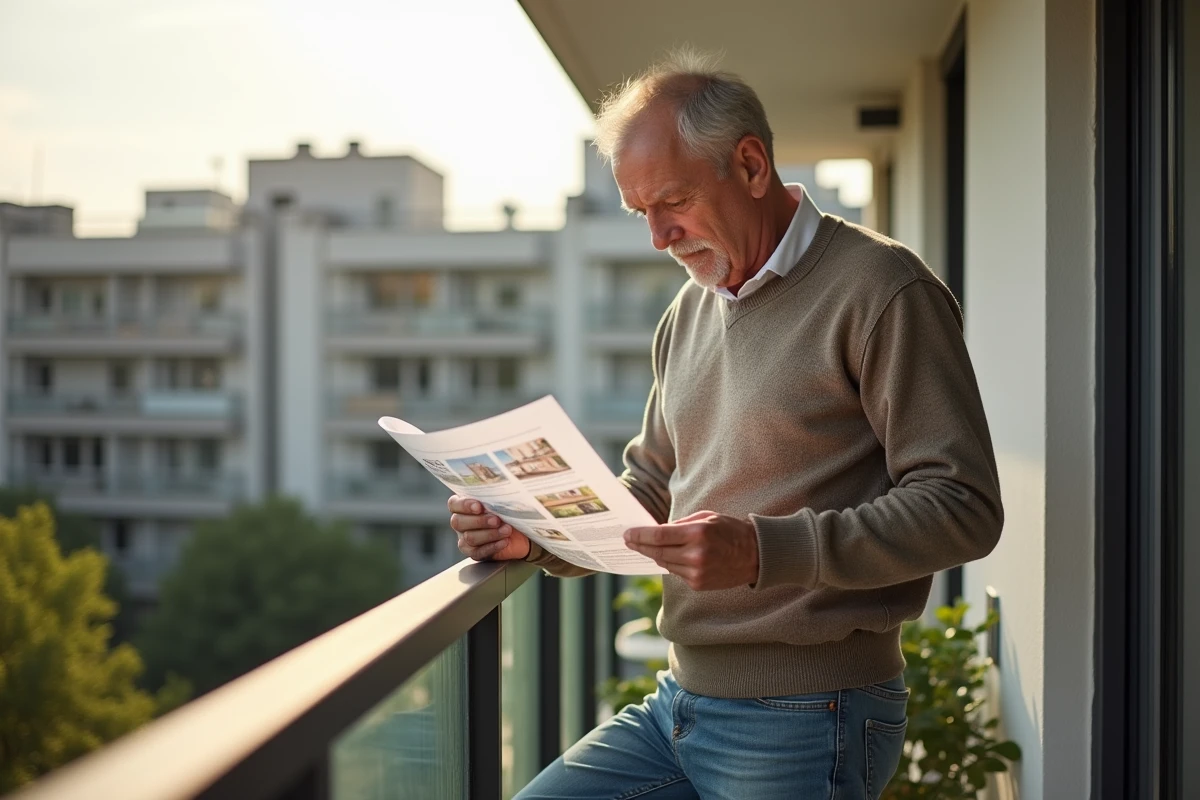 Homme étudiant un rapport immobilier sur balcon ensoleille