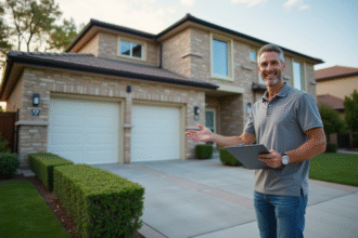 Homme souriant devant une maison moderne avec garage double