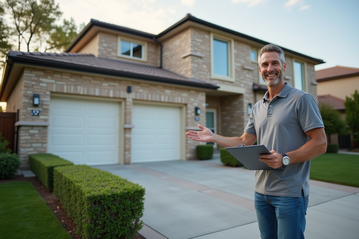 Homme souriant devant une maison moderne avec garage double