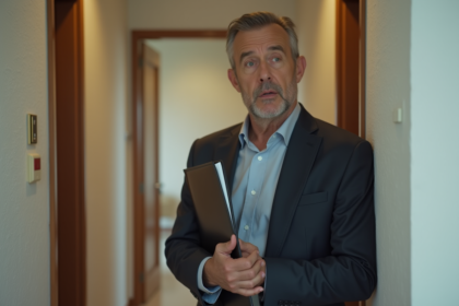 Homme d'âge moyen devant une porte d'appartement avec un air inquiet