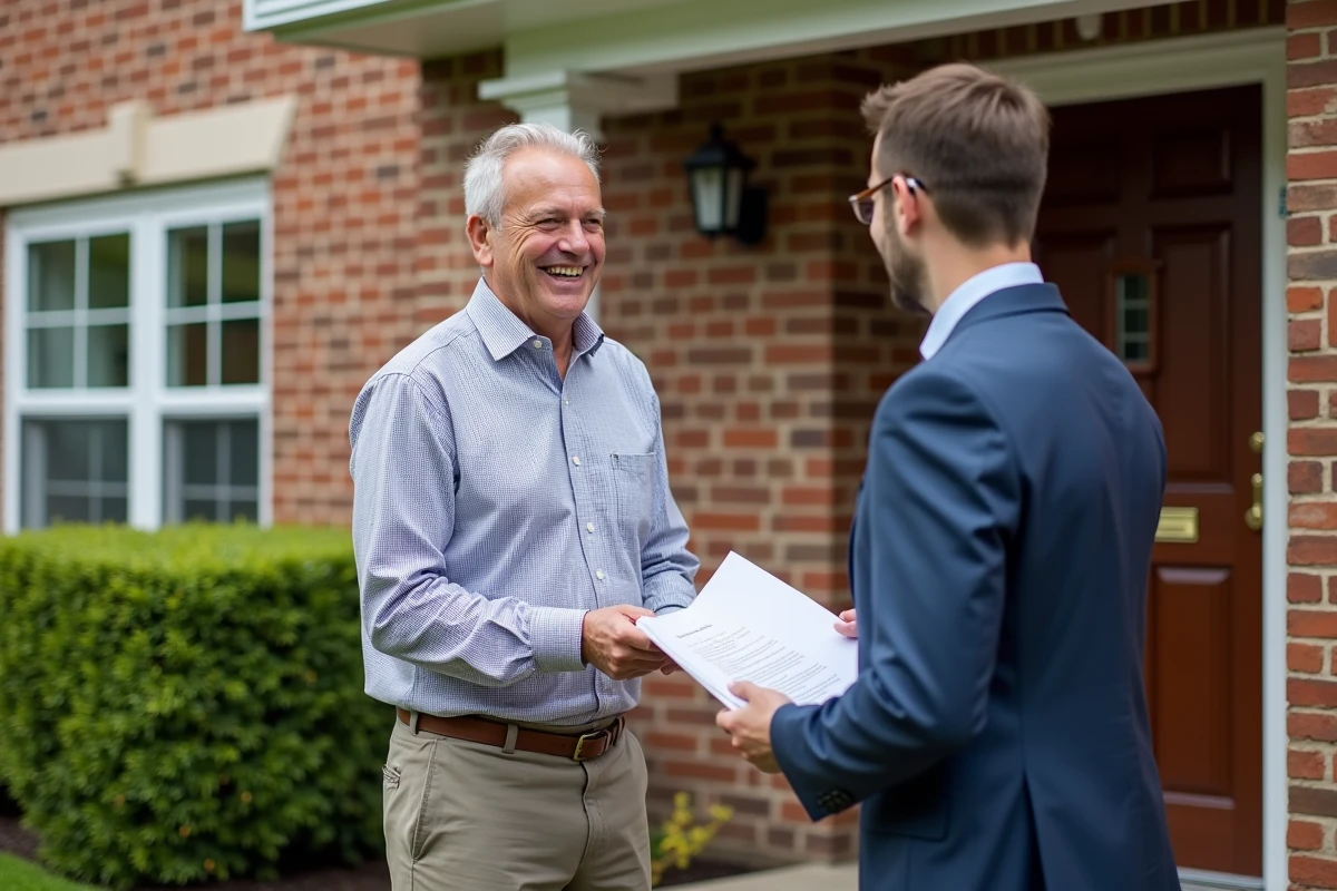 Homme senior remet clés à notaire devant maison