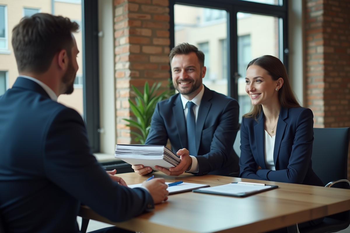 Homme en costume remettant un dossier de garantie locative à un couple