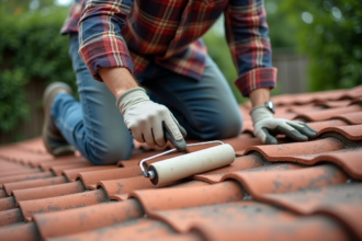 Homme en travail sur un toit en terre cuite avec scellant